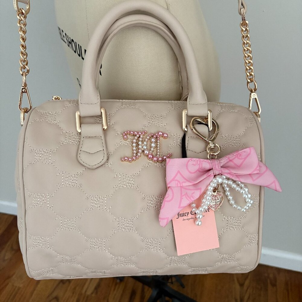 Juicy Couture Tie The Knot Satchel Sandstone Pink Bow Faux Pearl Charm Chic